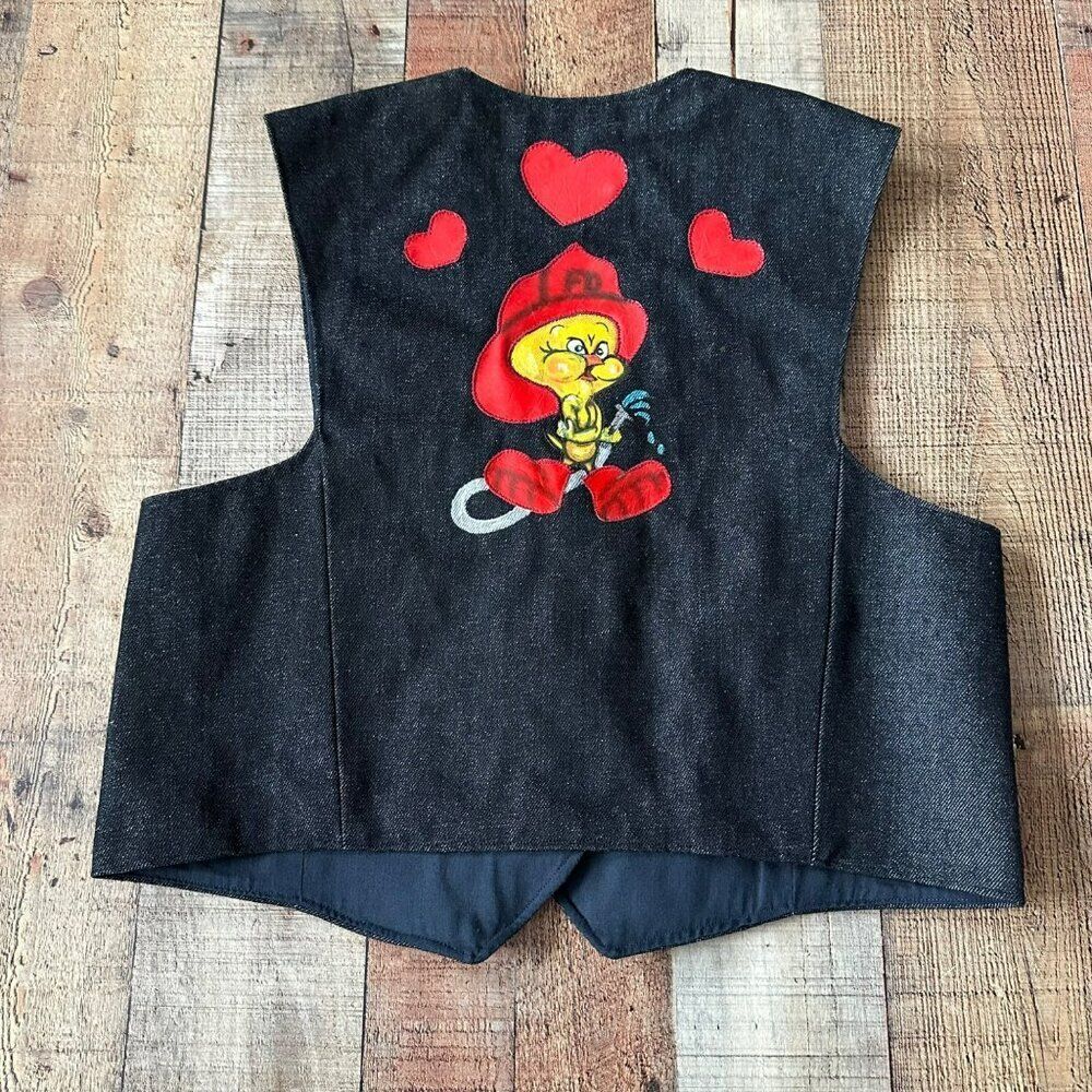 Western Women's Hand Painted Tweety Bird Fire Fighter Button Down Denim Vest